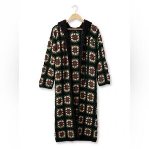 OS Oversized Granny Square Crochet Duster Long Cardigan Hooded Handmade Boho